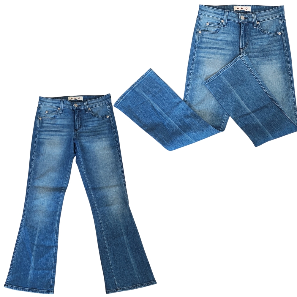 AMO Women's 25 Jane Sea Blue Crop Kick Flare Stretch Retro Mid Rise Denim Jeans